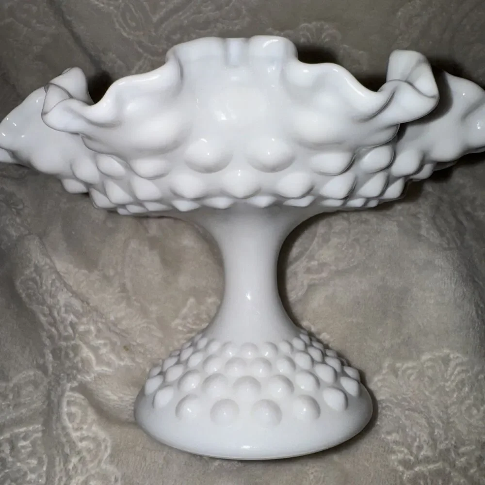 Vtg Fenton Hobnail White Milk Glass Ruffled Compote Pedestal Candy Dish Bowl 8x5